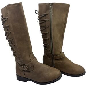 SO Kimberly Girls' Knee High Boots, Size 2M, Taupe Faux Leather Lace Back